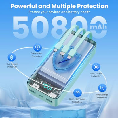 Portable Charger 50800mAh Power Bank with 3 Built in Cables,25W PD QC4.0 Fast Charging USB C Battery Pack,6 Outputs 2 Inputs Travel Essentials Phone Charger for iPhone 18/17/16/15/Pro,Android,Green - color: Green