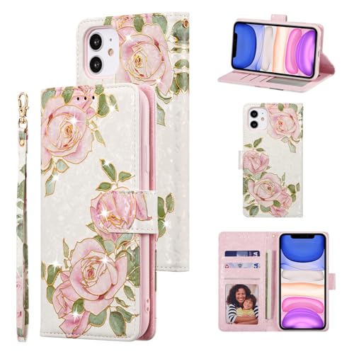 UEEBAI Wallet Case for iPhone 12/iPhone 12 Pro 6.1 inch, PU Leather Wallet Kickstand RFID Blocking Flip Case Card Slots Wrist Strap Relief Engraved Pattern Magnetic Closure Folio Cover, White Rose - color: White Rose, size: iPhone 12/iPhone 12 Pro 6.1 inc