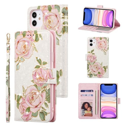 UEEBAI Wallet Case for iPhone 12/iPhone 12 Pro 6.1 inch, PU Leather Wallet Kickstand RFID Blocking Flip Case Card Slots Wrist Strap Relief Engraved Pattern Magnetic Closure Folio Cover, White Rose - color: White Rose, size: iPhone 12/iPhone 12 Pro 6.1 inc