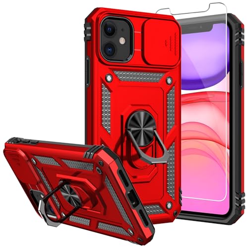 for iPhone 11 Case,with Screen Protectors and Camera Cover,[Military Grade] 16ft.Drop Tested Cover with Magnetic Kickstand Protective Case for iPhone 11 6.1 inch, Red - color: Red