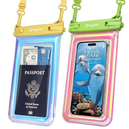 Rynapac Waterproof Phone Pouch Floating [Up to 8.5''], 2 Pack IPX8 Dry Bag | Touchscreen & Underwater Photography, Adjustable Lanyard, for iPhone 17 16 15 14 Pro Max, Gglaxy S25, Beach Cruise Essentials - color: Iridescent, size: Regular Size [8.5inch]