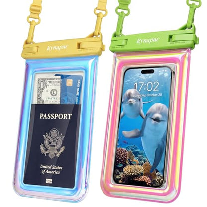Rynapac Waterproof Phone Pouch Floating [Up to 8.5''], 2 Pack IPX8 Dry Bag | Touchscreen & Underwater Photography, Adjustable Lanyard, for iPhone 17 16 15 14 Pro Max, Gglaxy S25, Beach Cruise Essentials - color: Iridescent, size: Regular Size [8.5inch]