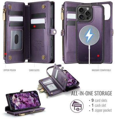 Defencase for iPhone 16 Pro Max Case Wallet Compatible with Magsafe, Purple | Drop-Proof Magnetic Detachable Phone Cases Cover, with RFID Bolcking Card Holder, Zipper Strap, PU Leather, Removable Wallet - color: (Detachable with Magsafe)-Purple