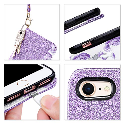 ULAK for iPhone SE 3(2022)/SE(2020)/8/7 Wallet Case Card Holder, Purple | Premium Floral PU Leather Flip Case with Kickstand Card Slots,RFID Blocking,Wrist Strap, Durable Shockproof Cover 4.7 Inch - color: Bling Purple