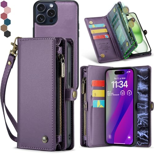 Compatible with iPhone 15 Wallet Case with Magsafe,Purple | Magnetic Detachable Case,Card Holder,Zipper Pocket,Strap Wristlet, Soft Leather Drop-Proof Phone Case for iPhone 15 - color: Purple, size: iPhone 15 6.1"