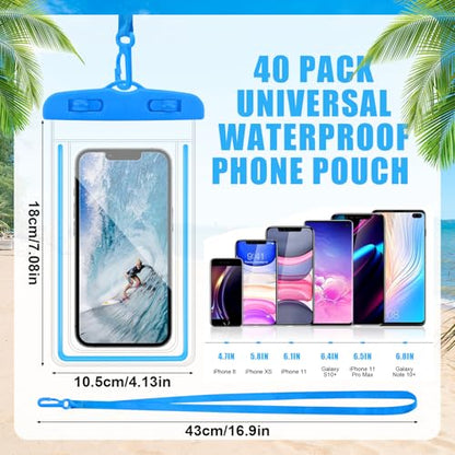 40 Pack Universal Waterproof Phone Pouch, Multicolor Waterproof Case Comp Compatible with iPhone 15 14 13 Pro Max XS Plus, Waterproof Phone Case Dry Bag with Phone Lanyard, Waterproof Phone Pouch Bluk