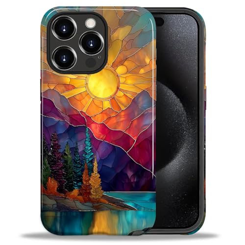 DAIZAG Case for iPhone 15 Pro,Mountain Range Sunrise Stained Glass Full-Body Design Hybrid Dual Protection Soft TPU Hard PC Shockproof Scratch-Resistant Protective Cover Phone Case for Men Women - color: Mountain Range Sunrise Stained Glass, size: iPhone