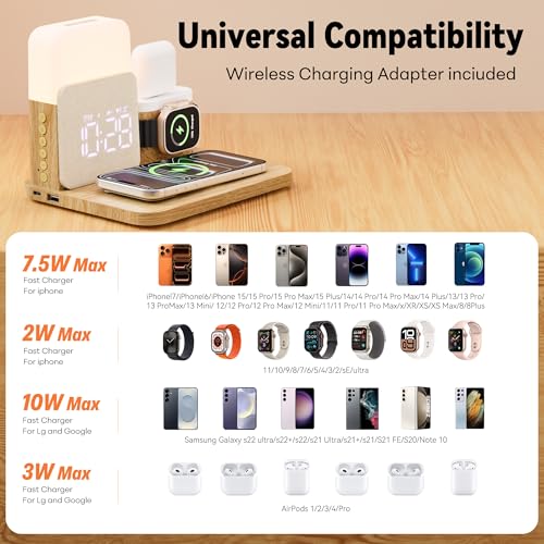 7 in 1 Clock with Charging Station, Charger with Alarm Clock Night Light - color: Wood