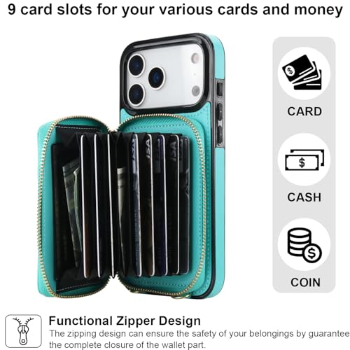 Bocasal Multi-Slot Crossbody Wallet Case for iPhone 17 Pro Max, Mint Green | RFID Blocking PU Leather Purse Case with Card Holder, Handbag Flip Cover with Zipper Wrist Strap Lanyard for Women 6.9 Inch - color: Green