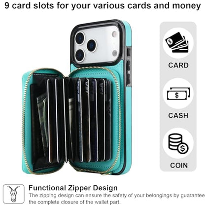 Bocasal Multi-Slot Crossbody Wallet Case for iPhone 17 Pro Max, Mint Green | RFID Blocking PU Leather Purse Case with Card Holder, Handbag Flip Cover with Zipper Wrist Strap Lanyard for Women 6.9 Inch - color: Green