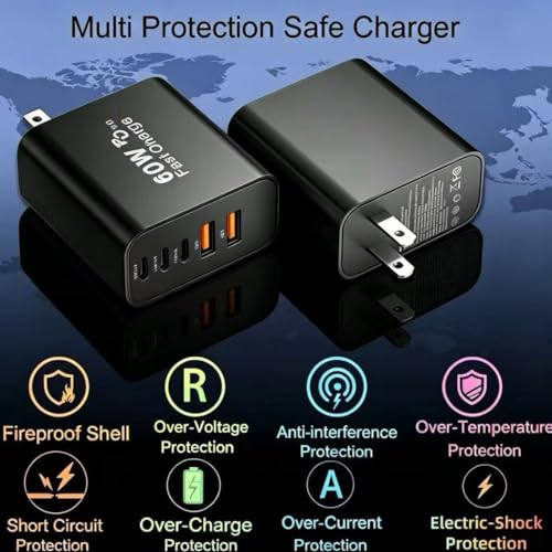 60W USB‑C Wall Charger, 5‑Port (3 USB‑C + 2 USB‑A), 2‑Pack, Black - color: black