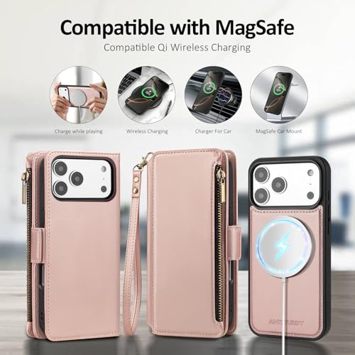 Antsturdy Compatible with MagSafe iPhone 17 Pro Wallet Case,Rose Gold | Detachable Magnetic Credit Card Holder,RFID Blocking,PU Leather Zipper Purse,Wrist Strap Kickstand,Flip Phone Cover for Women - color: (Detachable with Magsafe)-Rose Gold