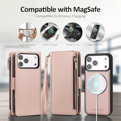 Antsturdy Compatible with MagSafe iPhone 17 Pro Max Wallet Case,Rose Gold | Detachable Magnetic Credit Card Holder,RFID Blocking,PU Leather Zipper Purse,Wrist Strap Kickstand,Flip Phone Cover for Women - color: (Detachable with Magsafe)-Rose Gold