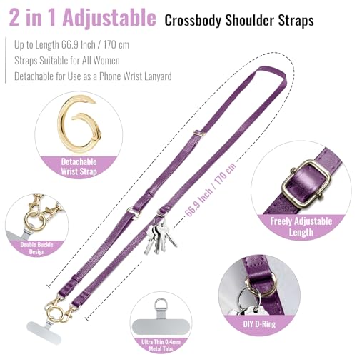 Clip and Go Phone Strap Crossbody Wrist 2 in 1 Leather Lanyard with Tether Hanging Loops Adjustable Anti-Theft Purse Replacement Handbag Long Thin Shoulder Neck Straps for All Phones Keys Bags Puple - color: Puple