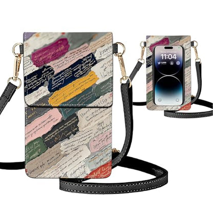 Small Crossbody Bags for Women Touchscreen Cell Phone Bag Cross Body Purses with adjustable Strap,Gifts For Teenage Girls - color: Collage Text