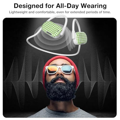 Purity Air Open Ear Headphones - True Air Conduction Wireless Bluetooth Open Ear Earbuds with Dual Mic for iPhone/Android - Secured Long Wearing Comfort, Sports Sweat Resistant (Green Checkers) - color: Green Checkers