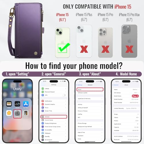 Defencase for iPhone 15 Wallet Case with RFID Blocking Card Holder, Purple | Durable Soft PU Leather, with Zipper Pocket, Wrist Strap, Fashion Snap Flip Phone Cases Cover with Stand for Women and Men - color: Aesthetic Purple