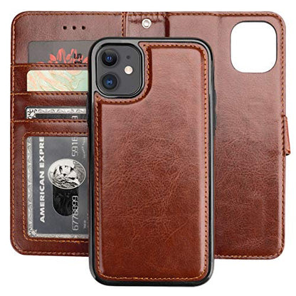 Bocasal Detachable Wallet Case Card Holder for iPhone 11, Brown | Kickstand Card Slots Holder PU Leather Magnetic Shockproof Wrist Strap Removable Flip Protective Cover 6.1 inch - color: Brown