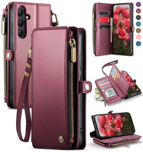 Defencase for Samsung Galaxy S26 Wallet Case with RFID Card Holder, WineRed | Durable Soft PU Leather, with Zipper Pocket, Wrist Strap, Fashion Snap Flip S26 Phone Cases Cover with Stand for Women Men - color: Wine Red