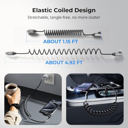 SmallRig USB C to USB C Coiled Data Cable (Straight to Angled), 240W PD 3.1 Fast Charging Cable, USB 2.0 Data Transfer, TPU Coiled Design, Aluminum Alloy Shell for iPhone, Laptops, Tablets & More-5730 - size: 1.15-4.92 ft, style: Straight to Angled Coiled