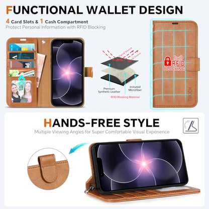 TUCCH 2-in-1 Detachable Wallet Case for iPhone 17e/16e (6.1"), Light Brown | 4 Card Holders, RFID Blocking, Wireless Charging, Kickstand, Wrist Strap, Shockproof TPU, PU Leather, Magnetic, Folio Cover - color: Brown - Textured