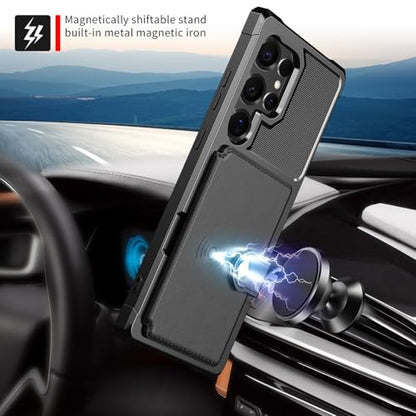 for Samsung Galaxy S25 Ultra 6.9” Case with Card Holder, Compatible with Magnetic Car Mount, Rugged Heavy Duty Shockproof Soft TPU Back Leather Flip Wallet Phone Cover, Black - color: Black, size: Samsung Galaxy S25 Ultra