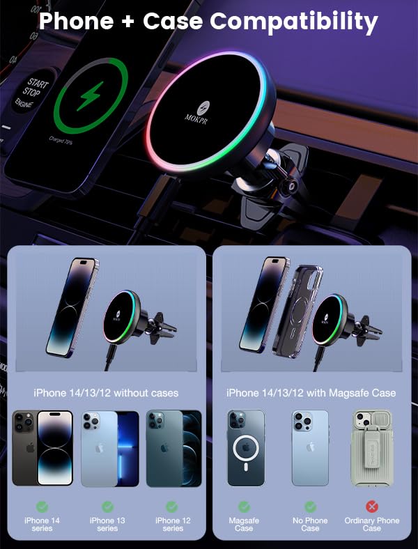 for Magsafe Car Mount Charger 15W LED RGB Car Phone Holder for Dash Vent - color: A Colorful Charger