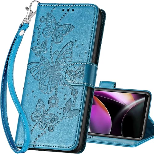 for Motorola Moto G 5G 2022 Wallet case, Blue-Butterfly | 3 Card Holders, Kickstand, Shockproof TPU Shell, PU Leather, Magnetic Closure, Protective Flip Folio Cover, Women - color: 8