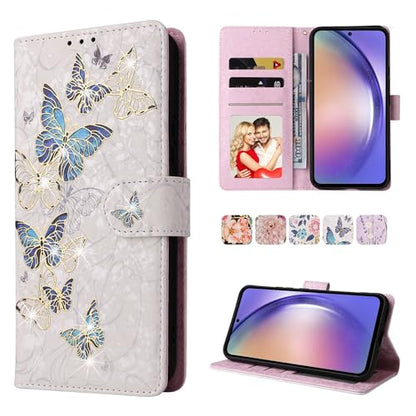 UEEBAI Wallet Case for Samsung Galaxy A35 5G, PU Leather Phone Case Kickstand RFID Blocking Flip Case Card Slots Wrist Strap Relief Engraved Pattern Magnetic Closure Folio Case - Blue Butterfly - color: Blue Butterfly