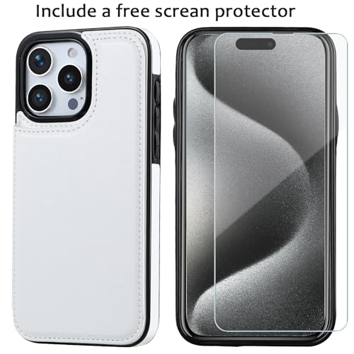 Wallet Case Compatible with iPhone 15 Pro Max(6.7"),Slim Protective case with Card Holder with 1 Screen Protective Glass,Premium PU Leather Kickstand Card Slots Case-White - color: White