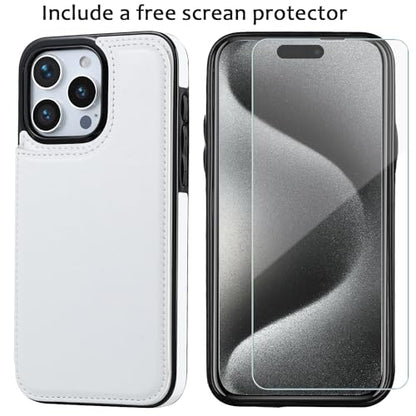 Wallet Case Compatible with iPhone 15 Pro Max(6.7"),Slim Protective case with Card Holder with 1 Screen Protective Glass,Premium PU Leather Kickstand Card Slots Case-White - color: White