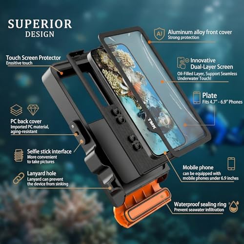 Diving Phone Case for iPhone 17 16 15 14 13 Pro Max Galaxy S25 S24 S23 Ultra, 50ft/15m Professional Waterproof Underwater Case with Real Touchscreen, Universal Camera Housing for Snorkeling (Black) - color: Black