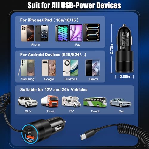 USB C Car Charger, 38W Dual Ports USBC & USB-A Cigarette Lighter Adapter - color: 1-Pack Black