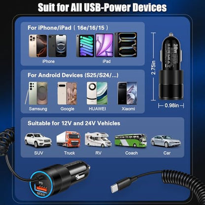 2-Pack 38W Car Charger USB C for iPhone 16 Pro Max Plus, Dual Port - color: 2-Pack Black