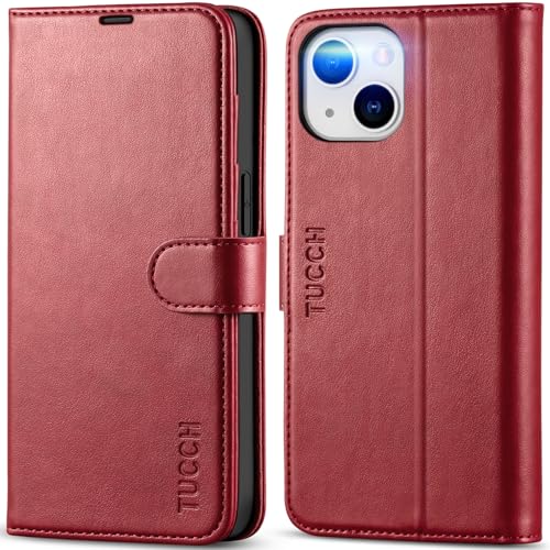 TUCCH Case Wallet for iPhone 14 (6.1") 2022, RFID Blocking Folio, Dark Red | 4 Card Holders, Kickstand, PU Leather, Magnetic Closure, Shockproof TPU Shell, Protective Flip Cover - color: Dark Red