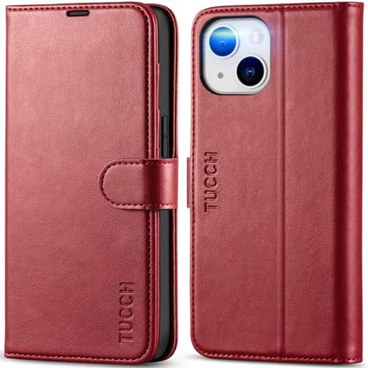 TUCCH Case Wallet for iPhone 14 (6.1") 2022, RFID Blocking Folio, Dark Red | 4 Card Holders, Kickstand, PU Leather, Magnetic Closure, Shockproof TPU Shell, Protective Flip Cover - color: Dark Red
