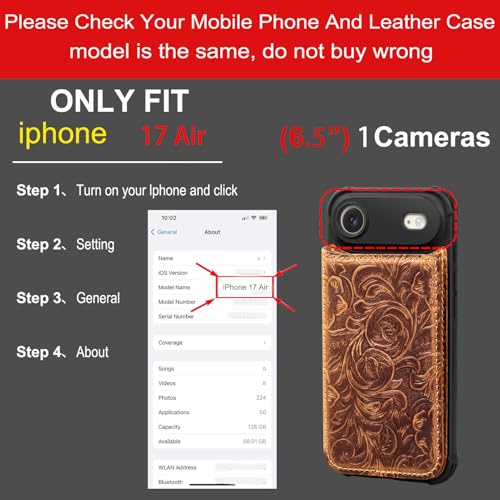Wallet Real Leather Case Compatible with iPhone 17 Air 6.5" Brown | Genuine Leather,Shockproof, Anti-Fall Case,Flip Cover,with Card Slot,Double Magnetic Buckle,Kickstand,RFID Blocking Brown - color: Brown, size: 6.5"-17 Air