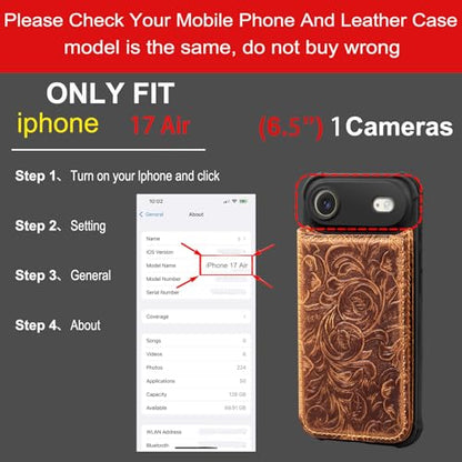 Wallet Real Leather Case Compatible with iPhone 17 Air 6.5" Brown | Genuine Leather,Shockproof, Anti-Fall Case,Flip Cover,with Card Slot,Double Magnetic Buckle,Kickstand,RFID Blocking Brown - color: Brown, size: 6.5"-17 Air