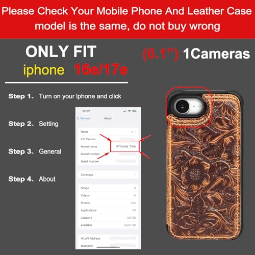 Wallet Real Leather Case Compatible with iPhone 16e/17e 6.1" Brown | Genuine Leather,Shockproof, Anti-Fall Case,Flip Cover,with Card Slot,Double Magnetic Buckle,Kickstand,RFID Blocking Brown - color: Brown, size: 6.1"-16e