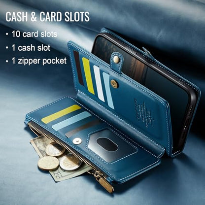 Defencase for iPhone 14 Plus Wallet Case with RFID Card Holder, Dark Blue | Durable Soft PU Leather, with Zipper Pocket, Wrist Strap, Fashion Snap Flip Phone Cases Cover with Stand for Women and Men - color: Dark Blue