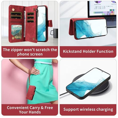Asuwish Phone Case for Samsung Galaxy S22 5G Zipper Wallet Detachable Magnetic Cover with Tempered Glass Screen Protector Crossbody Lanyard Strap Card Holder S 22 22S 4G G5 6.1 inch Women Girls Red - color: Red