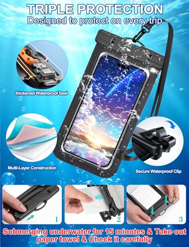 Waterproof Phone Pouch,2 Pack Black Phone Waterproof Case,Cell Phone Dry Bag,Protection Level: IP68,Beach Cruise for Apple iPhone,Samsung,and More,Lanyard Included,(Fits Up to 8.3”),Black - color: Multicolor,B,Black