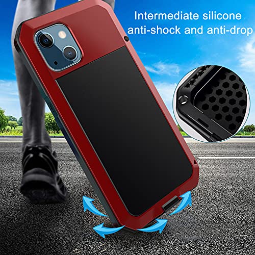 for iPhone 13 Case, 360 Full Body Protective Cover Heavy Duty Shockproof Tough Armour Aluminum Alloy Metal Case with Silicone Built-in Screen Protector for Apple iPhone 13 6.1 Inch - Red - color: Red