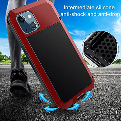 for iPhone 13 Case, 360 Full Body Protective Cover Heavy Duty Shockproof Tough Armour Aluminum Alloy Metal Case with Silicone Built-in Screen Protector for Apple iPhone 13 6.1 Inch - Red - color: Red