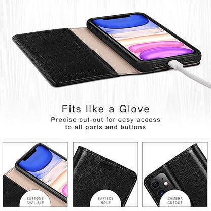 Belemay Case Compatible with iPhone 15 Wallet Case-Genuine Leather-RFID Blocking Card Holders-Shockproof TPU Shell-Kickstand-Durable Flip Cover-Book Folding Phone Case Women Men (6.1-inch) Black - color: Black, size: iPhone 15