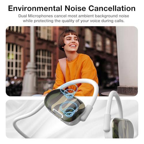 Purity Air Open Ear Headphones - True Air Conduction Wireless Bluetooth Open Ear Earbuds with Dual Mic for iPhone/Android - Secured Long Wearing Comfort, Sports Sweat Resistant (JECE162) - color: Jungle Camouflage