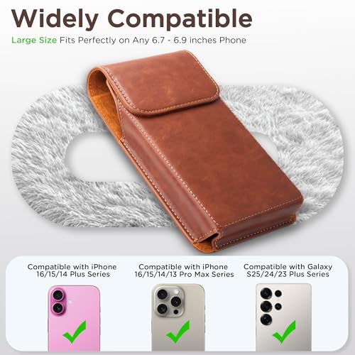Holster for iPhone 17 Pro Max 16 Pro Max 15 Pro Max 14 Pro Max 13 Pro Max Air 16 Plus 15 Plus 14 Plus, Premium Leather Pouch with Belt Clip Phone Holster Belt Case, Brown -L - color: Brown, size: Large