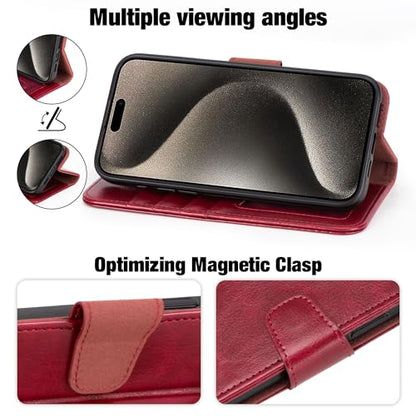 Arae Compatible with iPhone 15 Pro Case with Card Holder and Wrist Strap Wallet Flip Cover for iPhone 15 Pro 6.1 inch,Wine Red - color: Wine Red, size: iPhone 15 Pro 6.1 inch