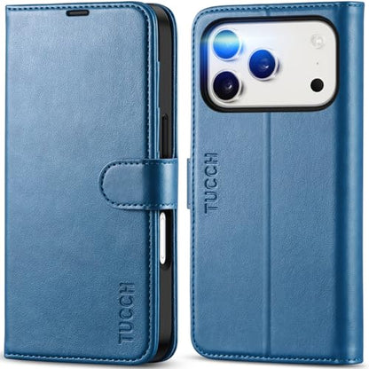 TUCCH Wallet Case for iPhone 17 Pro (6.3") 2025, Flip Stand, Light Blue | RFID Blocking, 4 Card Holders, Kickstand, PU Leather, Shockproof TPU Shell, Magnetic Closure, Protective Folio Cover - color: Light Blue