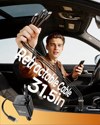 DreamBee Retractable Car Charger,108W 6 in 1 Super Fast Car Phone Charger with 3 Cords 31.5INCH, USB C Car Charger Adapter for iPhone 18/17/16/15/14/13 Pro Max XR,iPad,Samsung